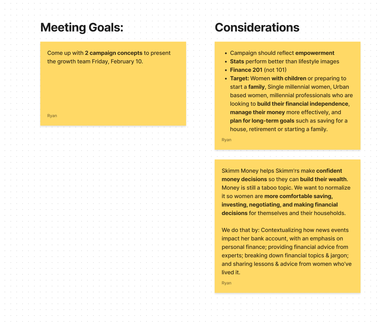 Early campaign goals and considerations board